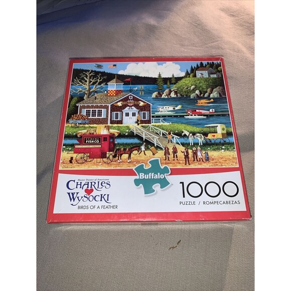 Jigsaw Puzzle 1000 Pcs Sea Planes Airport Dock Horses Wysocki Americana Complete - Picture 1 of 3